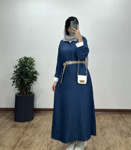 پیراهن مانتویی بلند یقه دار همیلا همراه با کمربند