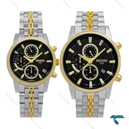 ساعت ست سیکو Vip سه موتوره دورنگ طلایی صفحه مشکی Seiko-8740-S
