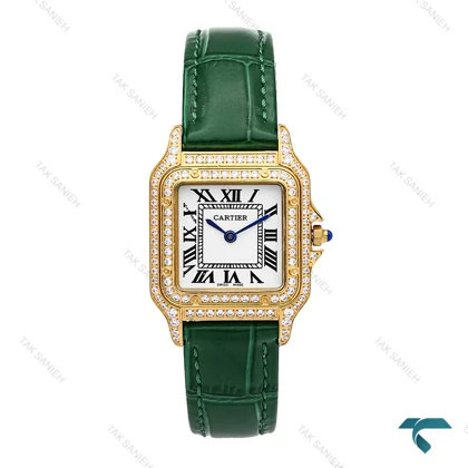 ساعت مچی کارتیر پنته طلایی بند چرم سبز فول نگین مدیوم Cartier-6275-L
