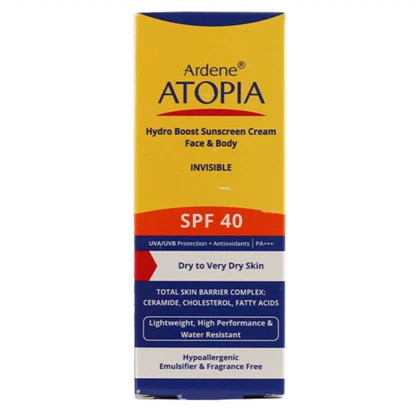 کرم ضد آفتاب بی رنگ آردن آتوپیا با SPF40 برای پوست‌های خشک و خیلی خشک