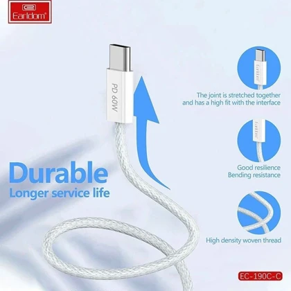 کابل دو سر تایپ سی ارلدام مدل EC-196C-C توان 60 وات 1 متر