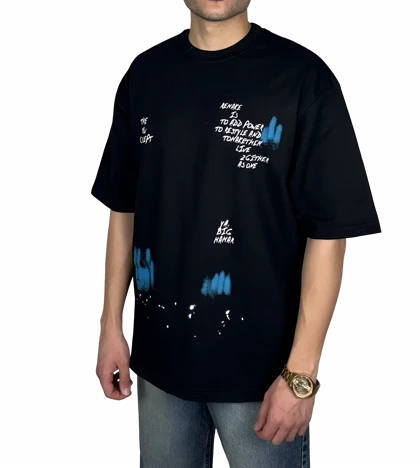 تیشرت آستین کوتاه مردانه مشکی طرح دار گرافیکی