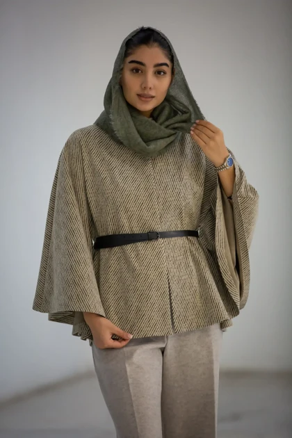 پالتو پانچ ژاکارد کمربنددار