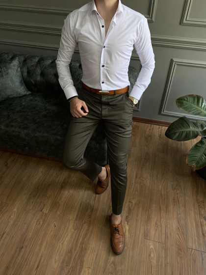 پیراهن تترون سفید دکمه مشکی آستین بلند sh129