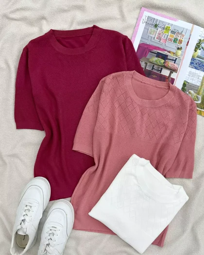 بلوز بافت آستین کوتاه یقه گرد کد 5504