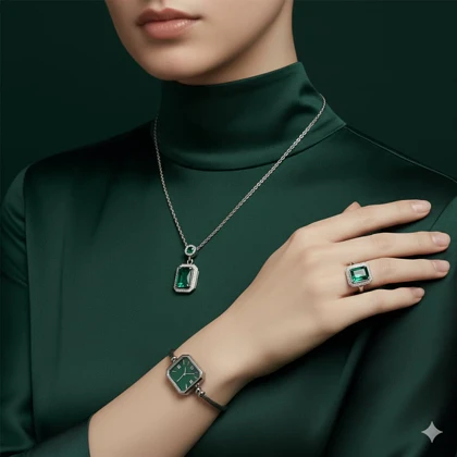 ست زنانه ساعت و گردنبند و انگشتر مدل زمرد-نقره ای ویژه