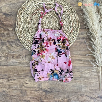 تاپ شلوارک نخی صورتی طرح پروانه و گل