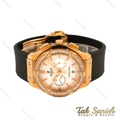 ساعت هابلوت زنانه سه موتوره نگین‌دار رزگلد صفحه سفید Hublot-4492-L