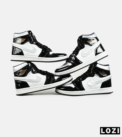 کفش کتانی مردانه و زنانه ساق‌دار مشکی سفید ورنی NIKE jordan 1