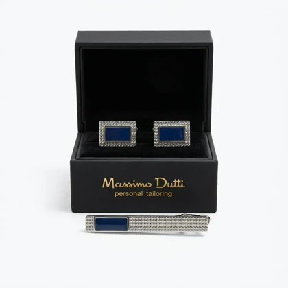 ست دکمه سردست و سنجاق کراوات طرح دندانه ای سرمه ای برند Massimo Dutti