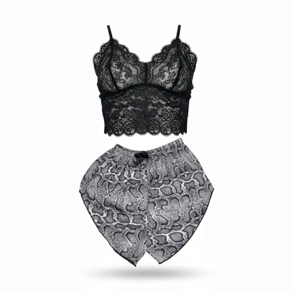 ست نیم‌تنه گیپور و شلوارک طرح پوست ماری 015