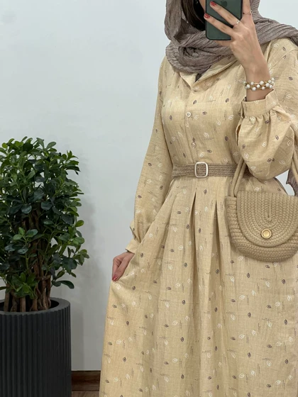 پیراهن مانتویی بلند کاج به همراه کمربند کد 2577