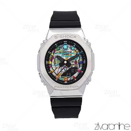 ساعت جی شاک GM-S2100 زنانه چند موتوره مشکی نقره ای صفحه آبرنگی 106386