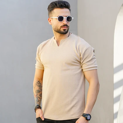 تیشرت آستین کوتاه یقه کوبایی کرم مردانه مدل Asam