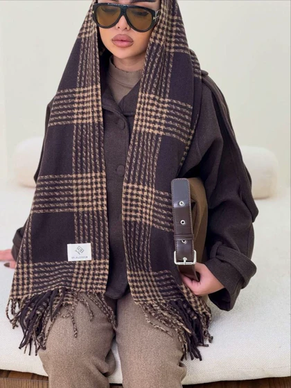 شال موهر وارداتی قهوه ای چهارخونه کد 400