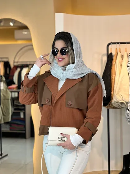 بارانی کوتاه کتان دوخت آجری 010204