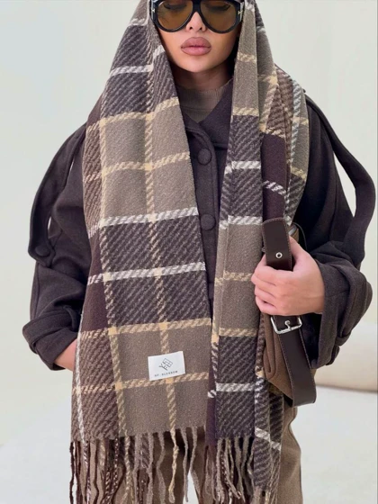 شال موهر وارداتی قهوه ای چهارخونه کد 400