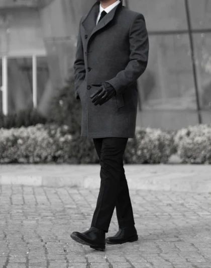 پالتو 5 دکمه یقه کج جیب پالتویی طوسی تیره o103