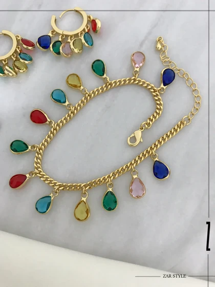 دستبند آویز نگین اشکی مولتی کالر زنجیر کارتیه