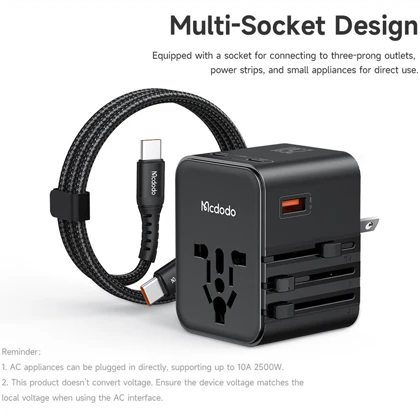 تبدیل پریز و شارژر دیواری مسافرتی USB و تایپ‌سی 25 وات مک‌دودو CP-3260 با کابل تایپ‌سی به تایپ‌سی