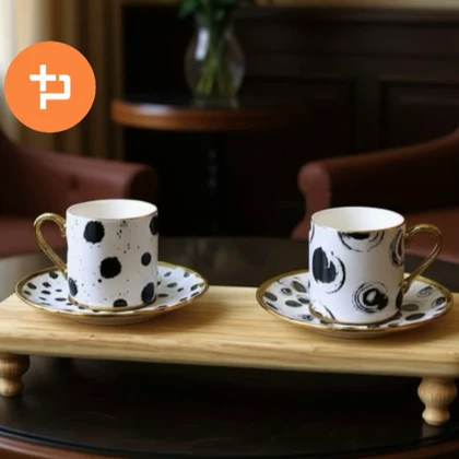 ست قهوه خوری شش نفره سیاه و سفید طرحدار