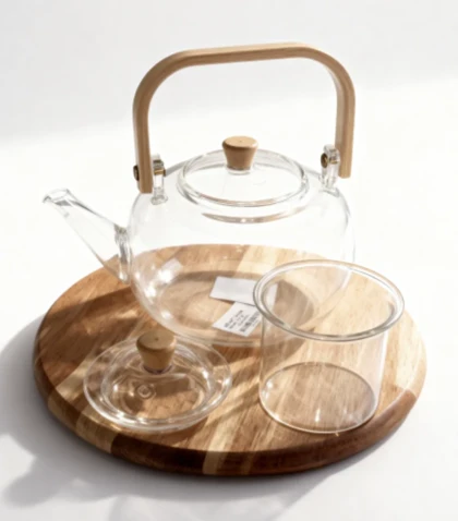 قوری پیرکس شفاف دسته چوبی 1200میل