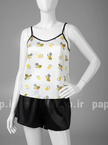 ست لباس خواب تاپ و شورتک ساتن طرح زنبور