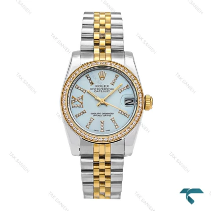 ساعت رولکس زنانه دورنگ طلایی دورنگین صفحه آبی Rolex-6539-L