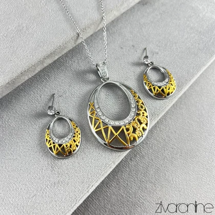 نیم ست طلاروس نگین‌دار دورنگ 10180