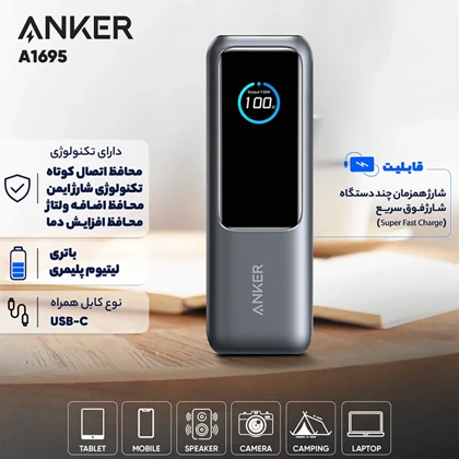 پاور بانک 25000 انکر Anker مدل A1695 توان 100 وات با کابل USB-C