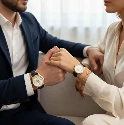 ست ساعت مچی آنالوگ WALAR طلایی (سایز مردانه و زنانه) – بند چرمی قهوه‌ای و نمایش ماه