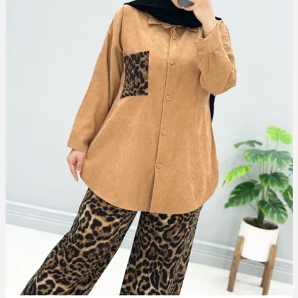 ست تونیک و شلوار زنانه مخمل کبریتی پلنگی