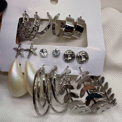 پک 9 عددی گوشواره استیل مدل «ورایتی» (Variety Pack) | شامل حلقه‌ای، مرواریدی و طرح دریایی