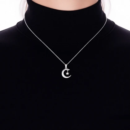 گردنبند نقره مدل ماه و آویز ستاره نگین‌دار
