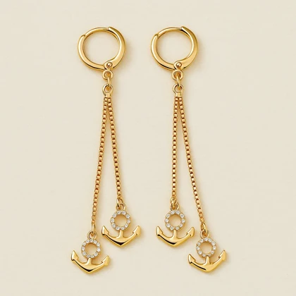 گوشواره طلایی آویزی طرح لنگر و سکان نگین‌دار برند Xuping