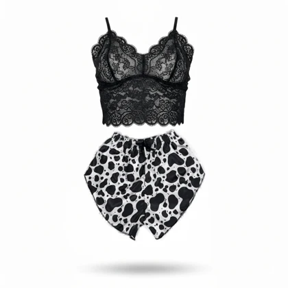 ست نیم‌تنه گیپور و شلوارک طرح پوست گاوی 054