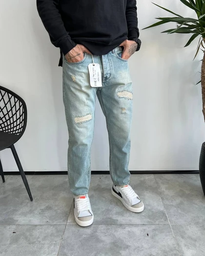 شلوار مام فیت آبی یخی کثیفشور زاپ‌دار RAG&BONE