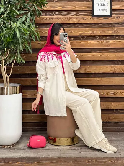 مانتو لینن گلدوزی آستین ریش