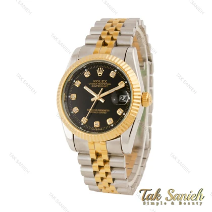 ساعت رولکس دیت جاست مردانه دورنگ طلایی صفحه مشکی Rolex-3634-G