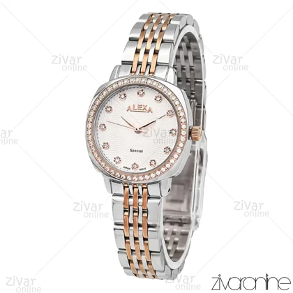ساعت الکسا پریمیر زنانه رزگلد نقره ای صفحه سفید دور نگین 105885