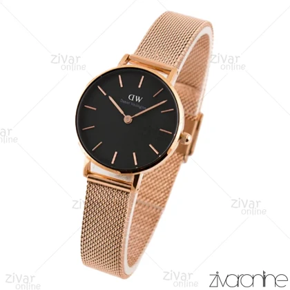 ساعت دنیل ولینگتون زنانه حصیری رزگلد صفحه مشکی 102230