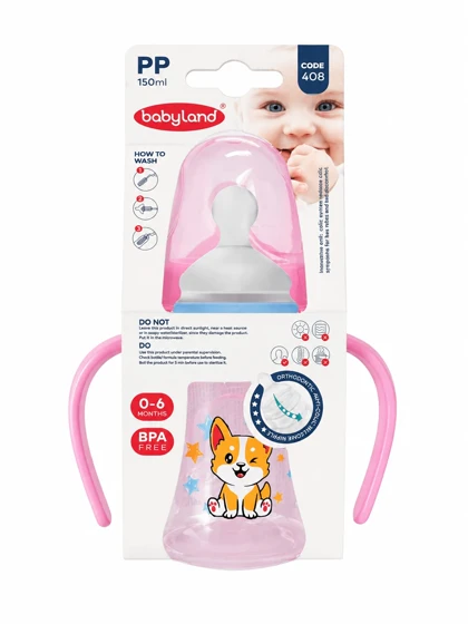 شیشه شیر عریض ارتودنسی دسته دار 150م بیبی لند کد 408