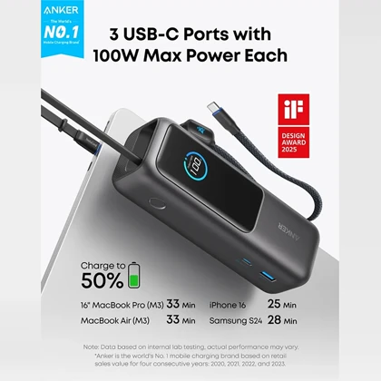 پاور بانک 25000 انکر Anker مدل A1695 توان 100 وات با کابل USB-C