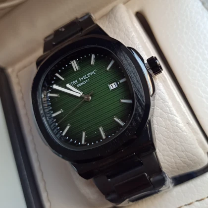 ساعت مچی مردانه پتک فیلیپ کیفیت A++ بند مشکی صفحه سبز