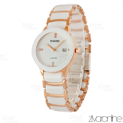 ساعت رادو زنانه سرامیکی دو رنگ رزگلد صفحه سفید 105018