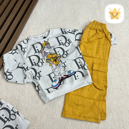 بلوز شلوار دخترانه کتان بگ مدل باگز بانی مناسب 4 تا 8 سال