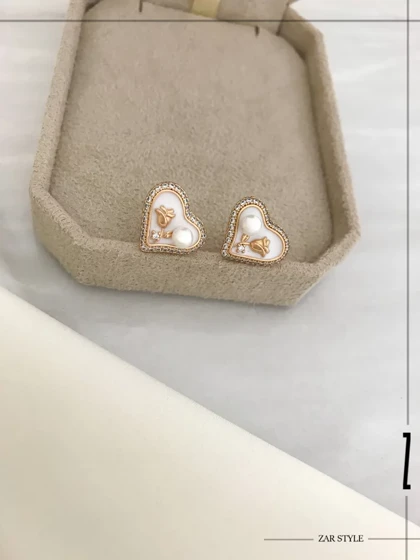 گوشواره میناکاری قلبی مروارید و گل رز