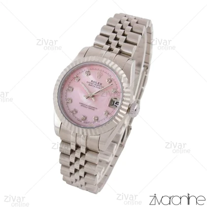 ساعت رولکس دیت جاست زنانه صفحه صورتی ایندکس نگین‌دار 103723