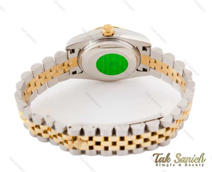 ساعت رولکس زنانه طلایی نقره ای نگین‌دار صفحه سرمه ای Rolex-3510-L