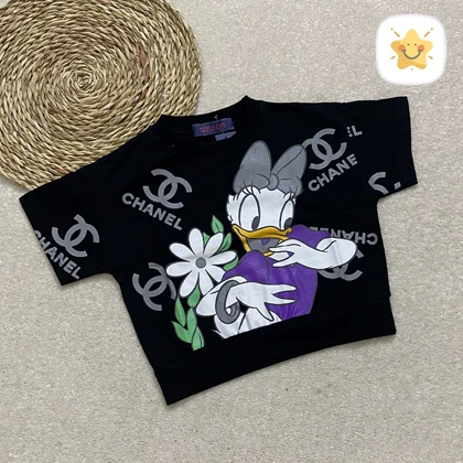 کراپ دخترانه مشکی پنبه طرح اردک 4 تا 14 سال